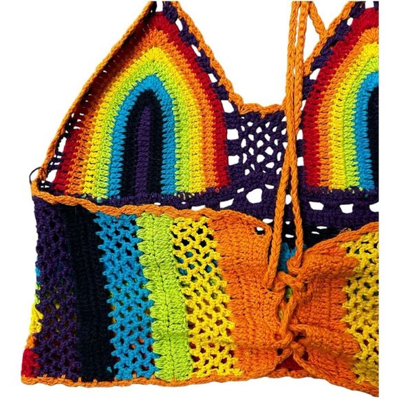 Multicolored Rainbow Halter Cropped Top Size S Hand made Y2K Retro Hippie - Picture 3 of 7